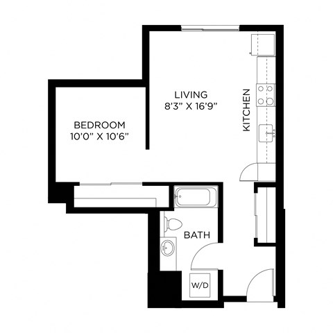 Floor plan for 1 bed, 1 bath, 587 sqft
